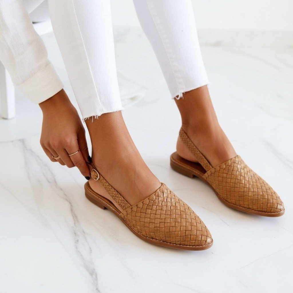 Woven Slingback Flats Women's Shoes - Casual Summer Sandals, Leather, Brown/Blue/Tan