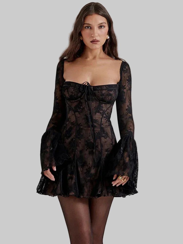 Lace Mini Dress - Long Bell Sleeves, Corset Detail, Square Neck