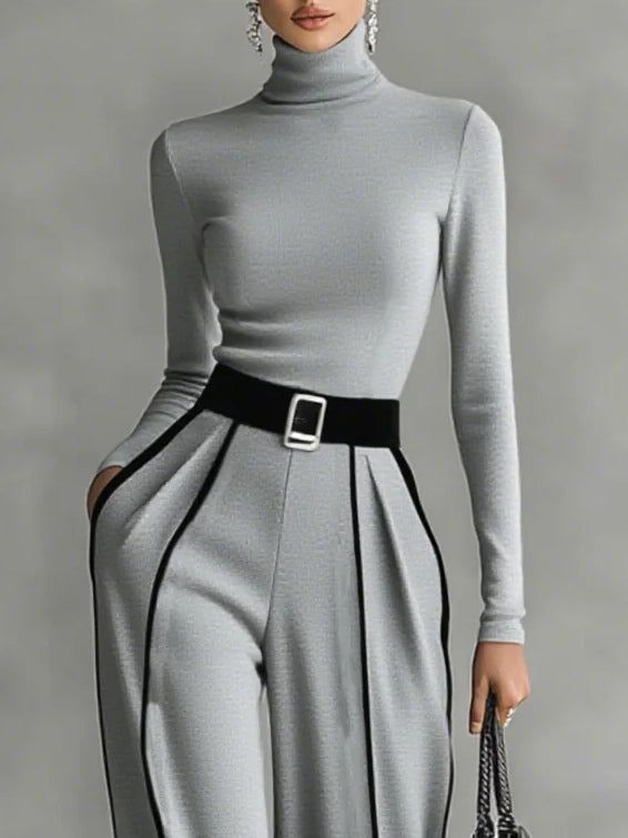 Women's Pant Set - Turtleneck Long Sleeve Top & Wide Leg Pants with Belt - Black/Gray - Elegant Style