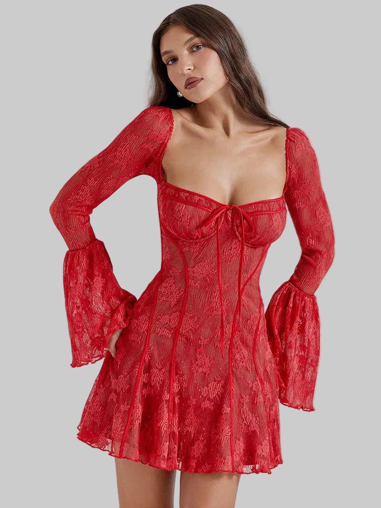 Lace Mini Dress - Long Bell Sleeves, Corset Detail, Square Neck