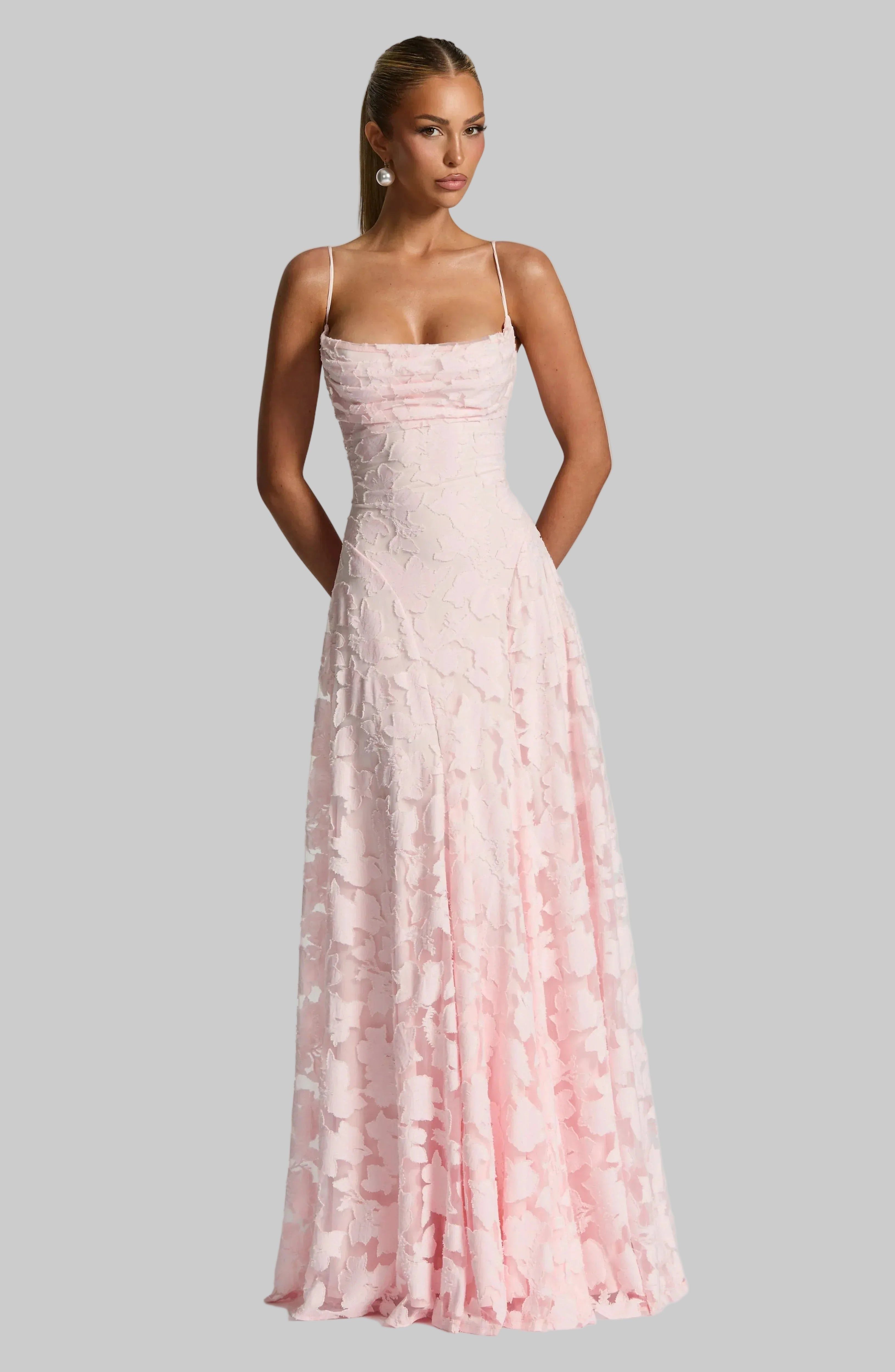 Floral Maxi Dress - Lace Up Back, Spaghetti Strap, Fitted Bodice, Long Evening Gown