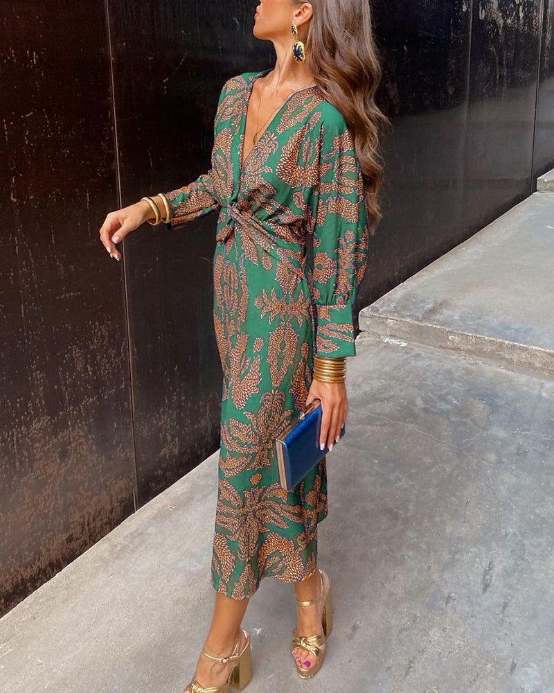 Twist Front Midi Dress - V-Neck Long Sleeve Printed Dress for Women
