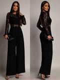 Black Lace Jumpsuit Long Sleeve Open Back Wide Leg Elegant Women's Jumpsuit