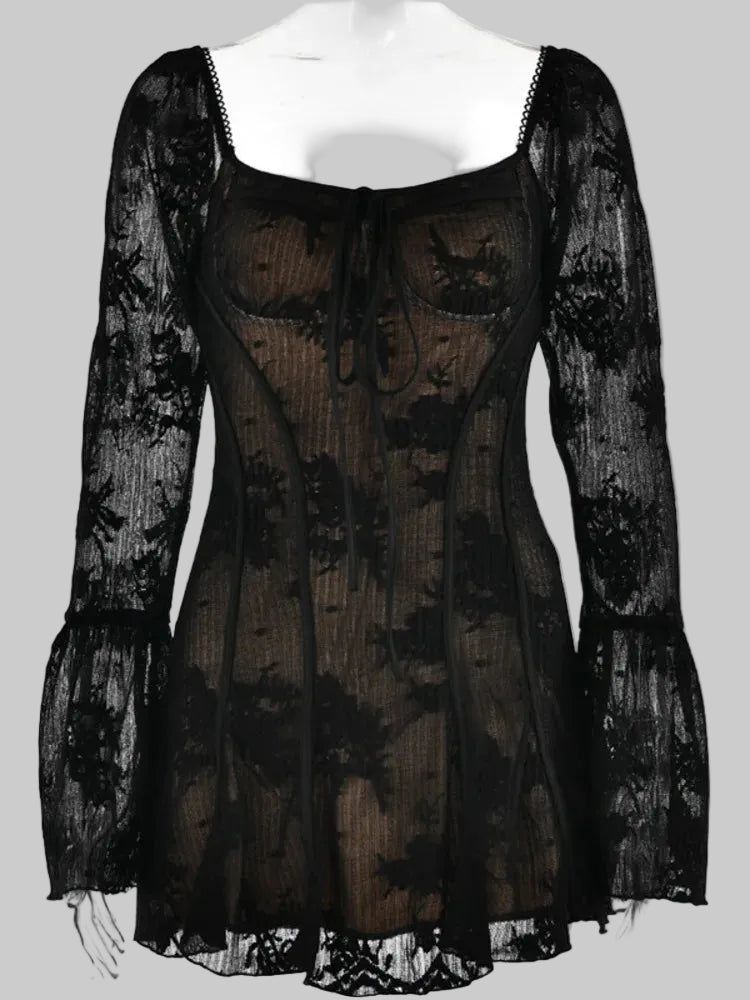 Lace Mini Dress - Long Bell Sleeves, Corset Detail, Square Neck