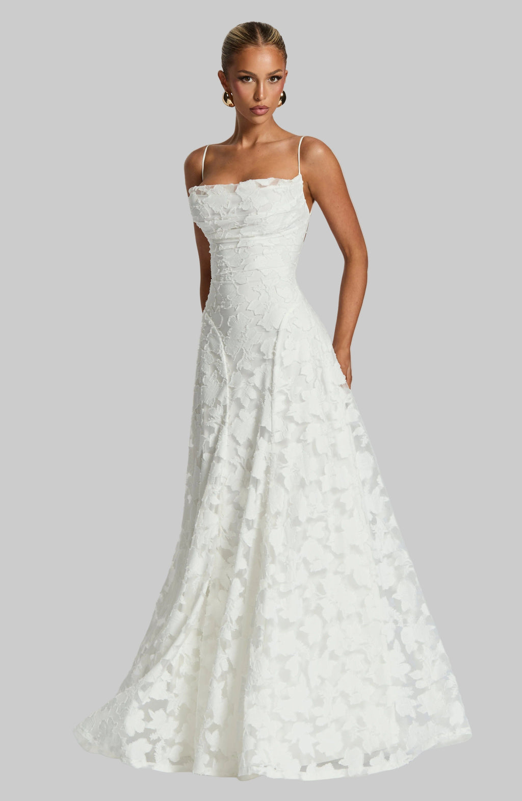 Floral Maxi Dress - Lace Up Back, Spaghetti Strap, Fitted Bodice, Long Evening Gown