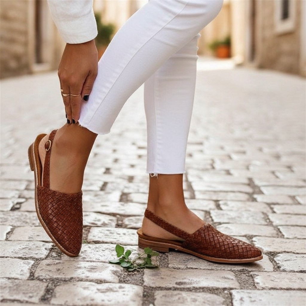 Woven Slingback Flats Women's Shoes - Casual Summer Sandals, Leather, Brown/Blue/Tan