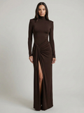 Long Sleeve Maxi Dress Brown Turtleneck Twist Front Thigh Slit Jersey Knit Evening Dress