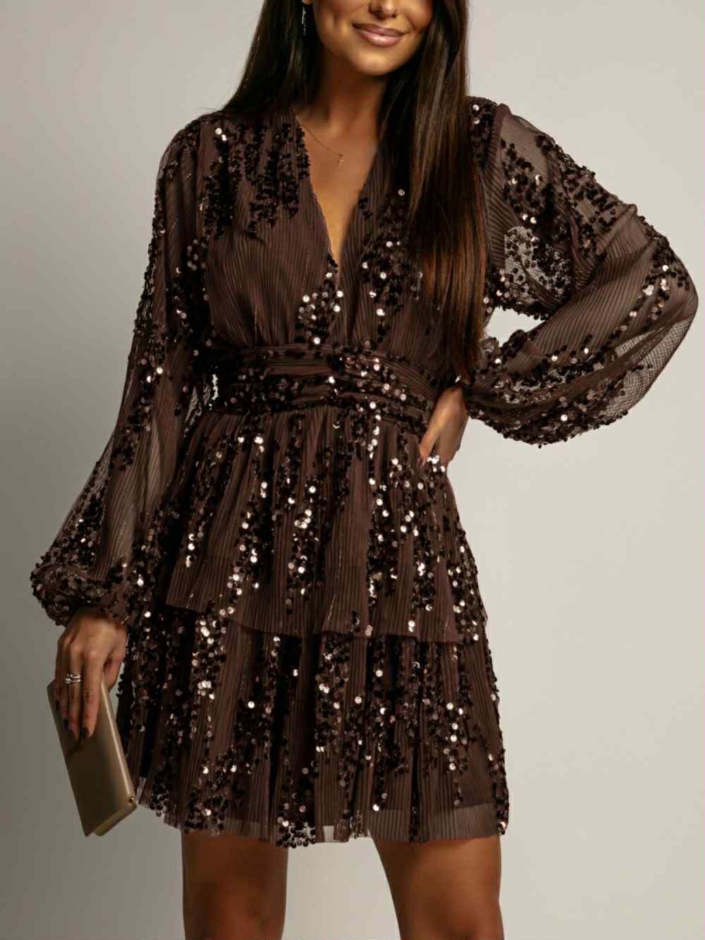 Sequin Tiered Mini Dress - Long Sleeve V-Neck Brown Cocktail Party Dress