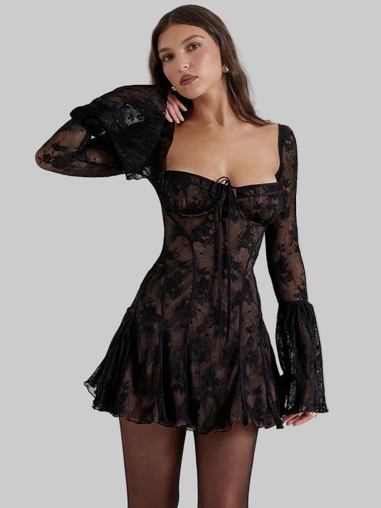 Lace Mini Dress - Long Bell Sleeves, Corset Detail, Square Neck