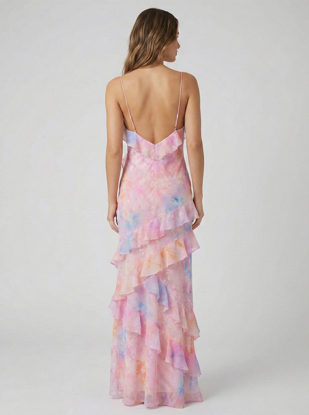 Floral Ruffle Maxi Dress - Spaghetti Strap, Tiered Ruffles, Formal Gown. Pink/Yellow, Chiffon
