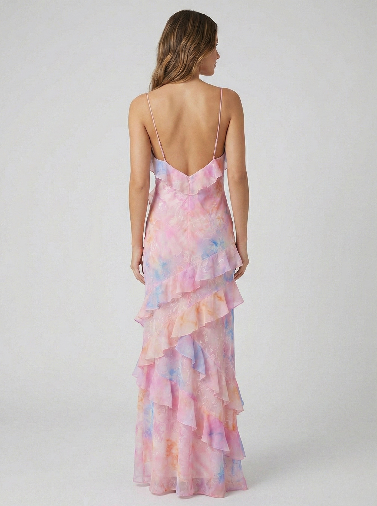 Floral Ruffle Maxi Dress - Spaghetti Strap, Tiered Ruffles, Formal Gown. Pink/Yellow, Chiffon