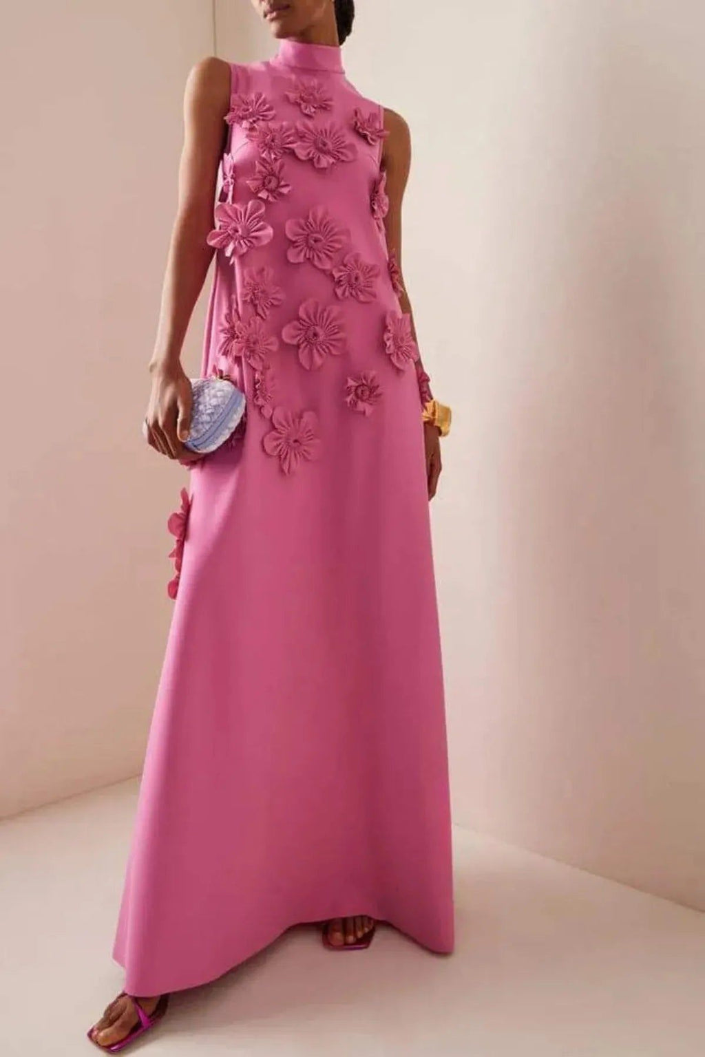 Pink Floral Appliqué Maxi Dress - High Neck, Sleeveless - Formal Occasion Gown