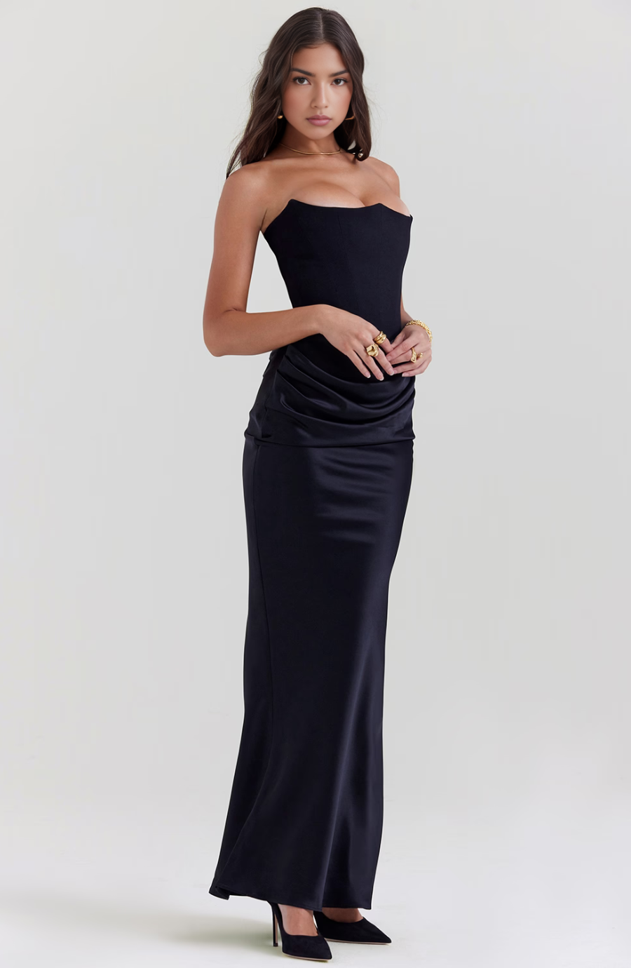Strapless Corset Maxi Dress - Formal Evening Gown - Elegant Party Dress - Satin - Bodycon - Black/White/Pink/Taupe