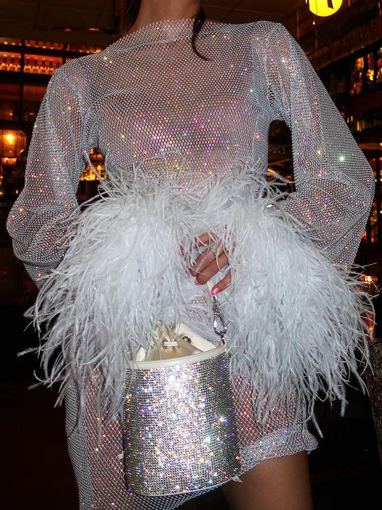 Sparkle Mini Dress with Feather Cuffs - Party Dress, Evening Wear, Cocktail Dress