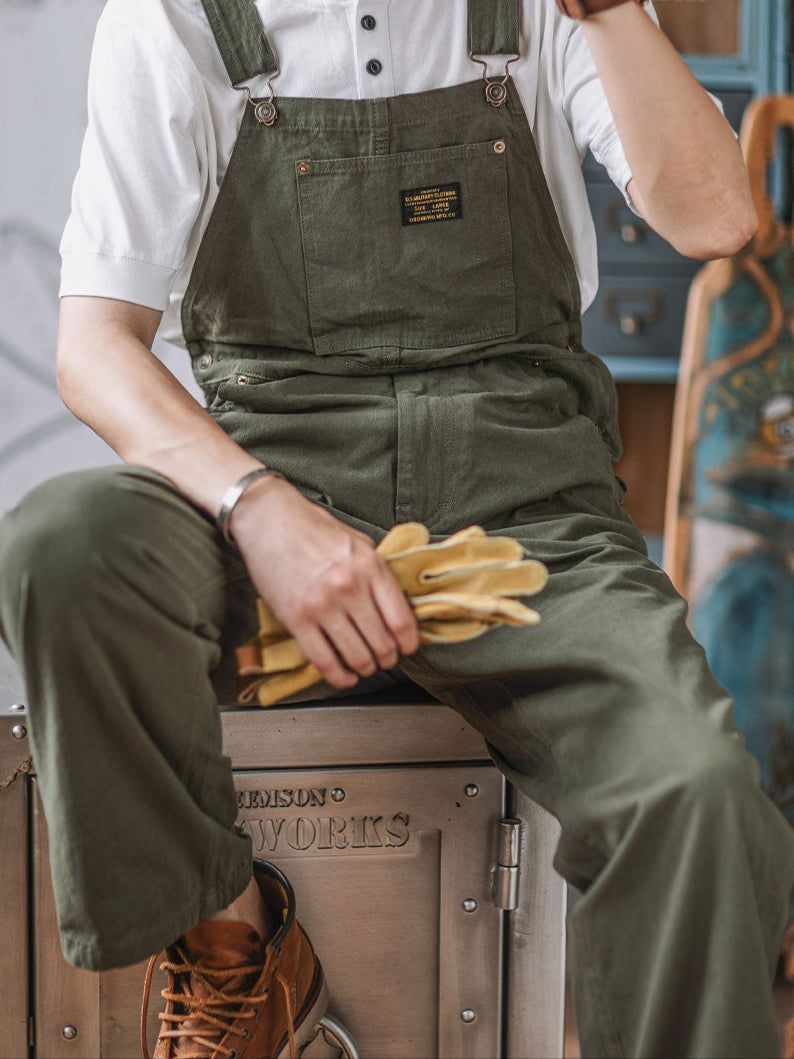 Men's Cotton Overalls Vintage Workwear Style - Tan, Olive, Beige - Adjustable Straps, Multiple Pockets
