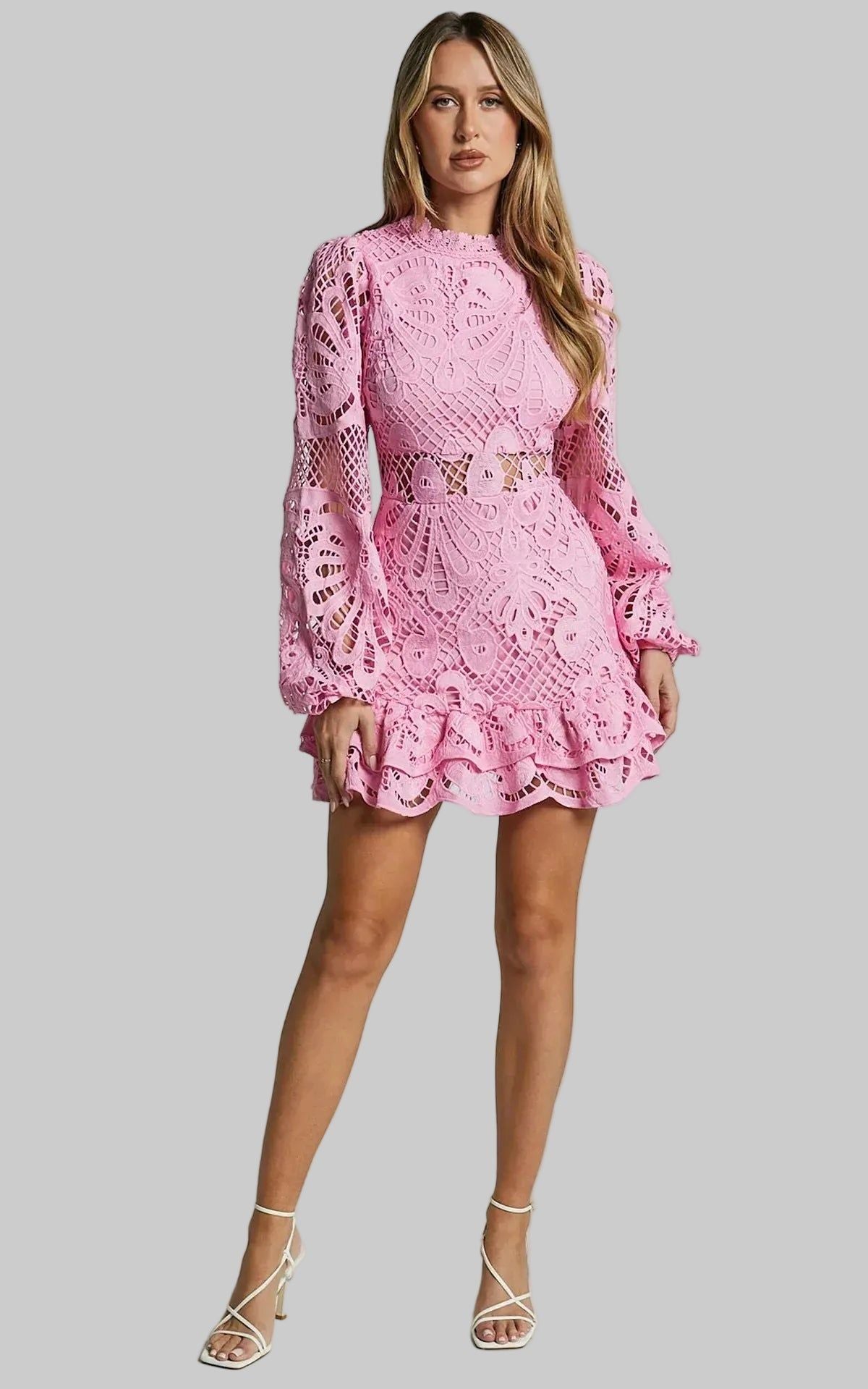 Lace Mini Dress - Long Sleeve, Ruffle Hem, Various Colors