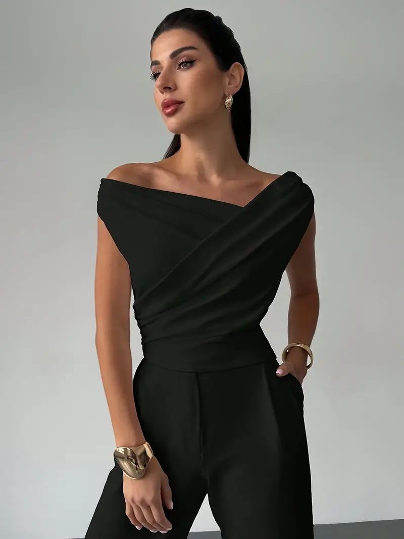 Off-Shoulder Wrap Top - Elegant Sleeveless Blouse, Available in White, Black, Red