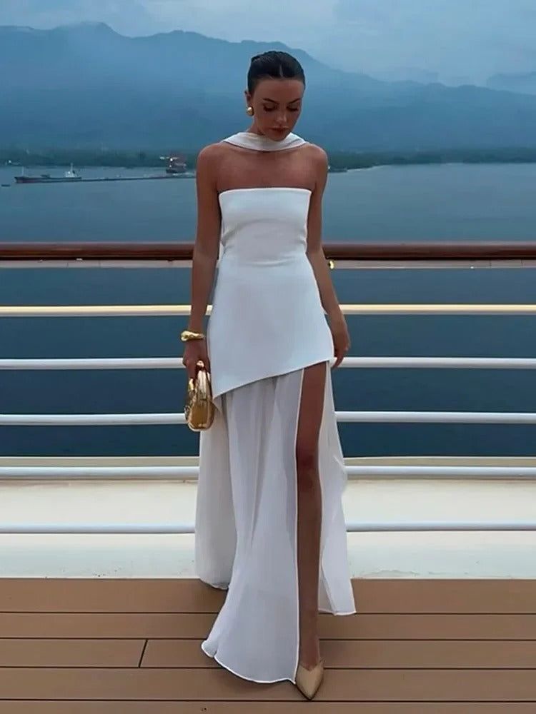 Strapless High Slit Maxi Dress with Chiffon Scarf - Elegant Evening Gown