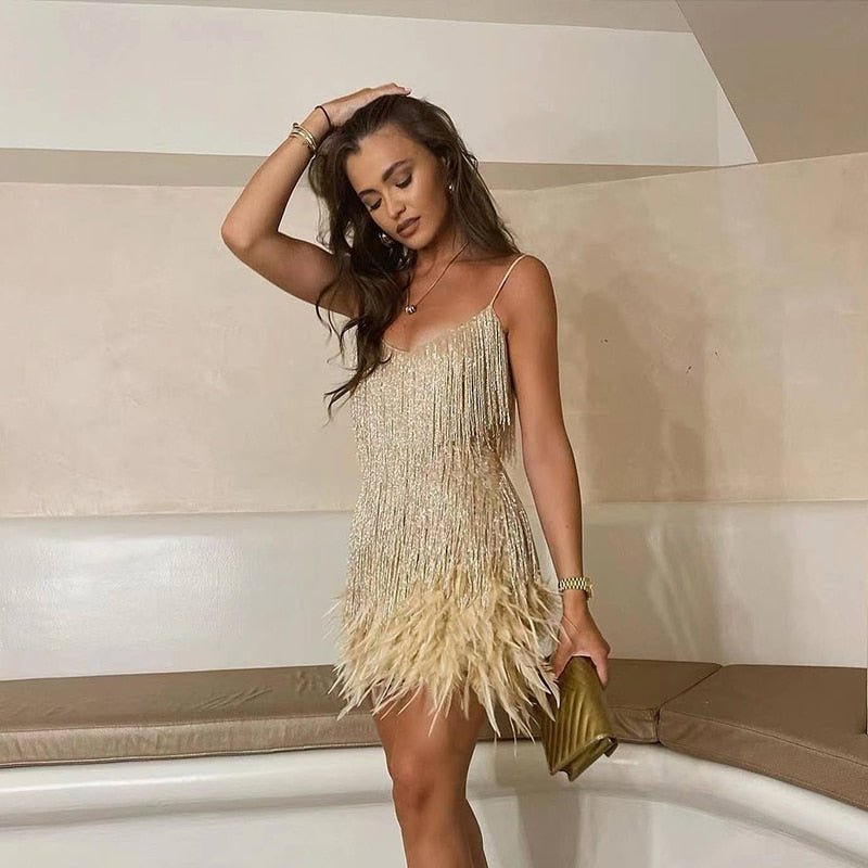 Elegant Sequin Fringe Feather Dress - Women's Party Dress in Multiple Colors