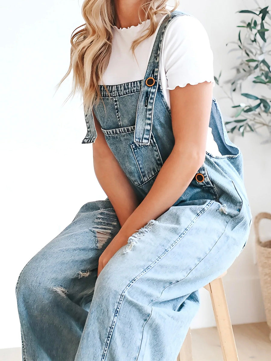 Daisy Women's Denim Overalls | Distressed Wide Leg, Adjustable Fit