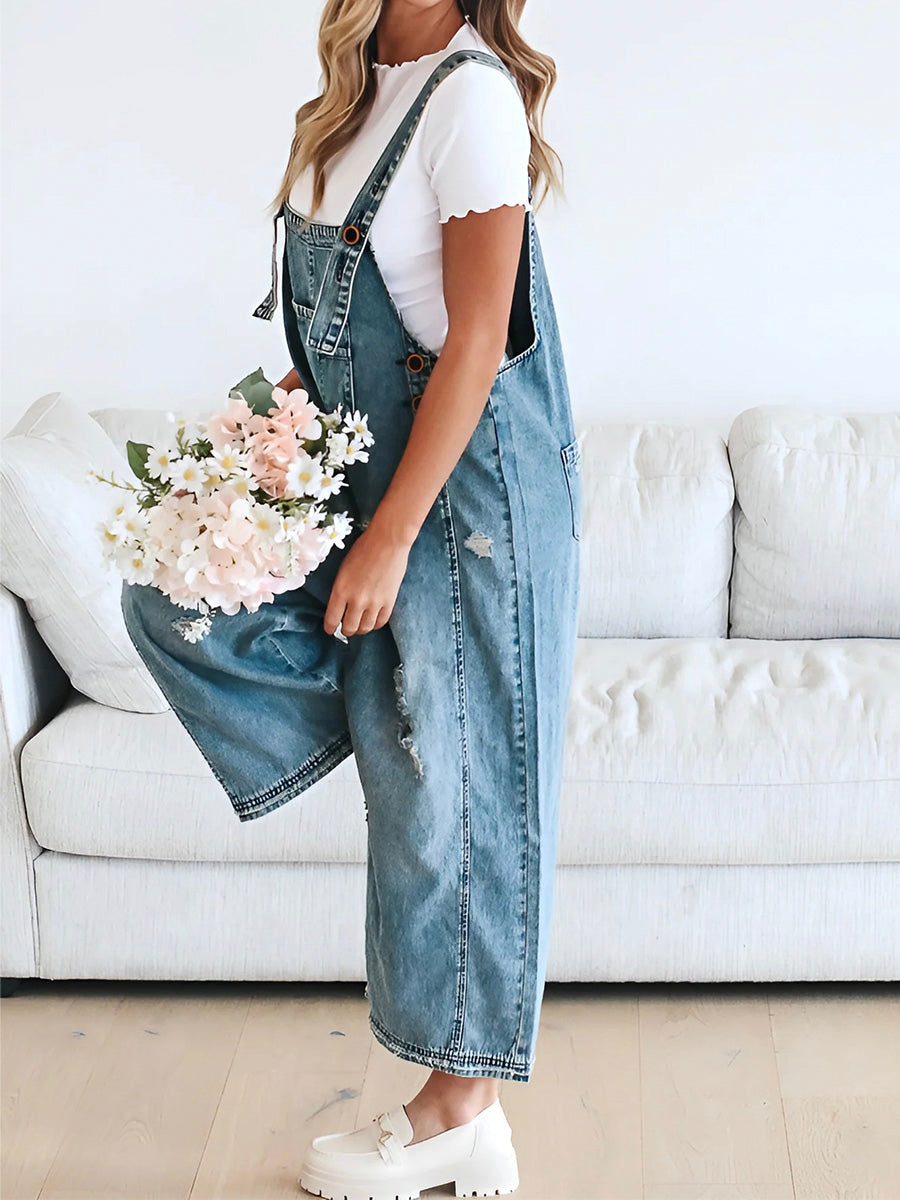 Daisy Women's Denim Overalls | Distressed Wide Leg, Adjustable Fit