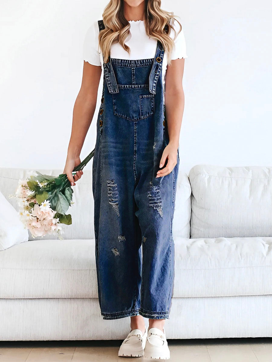 Daisy Women's Denim Overalls | Distressed Wide Leg, Adjustable Fit