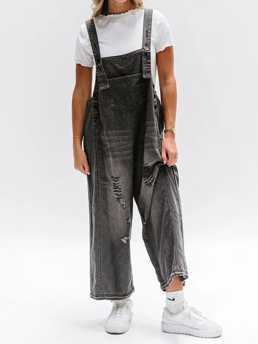 Daisy Women's Denim Overalls | Distressed Wide Leg, Adjustable Fit