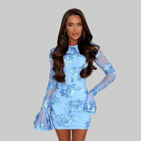 Elegant Floral Lace Mini Dress - Pink/Blue/White - Long Sleeve - Women's