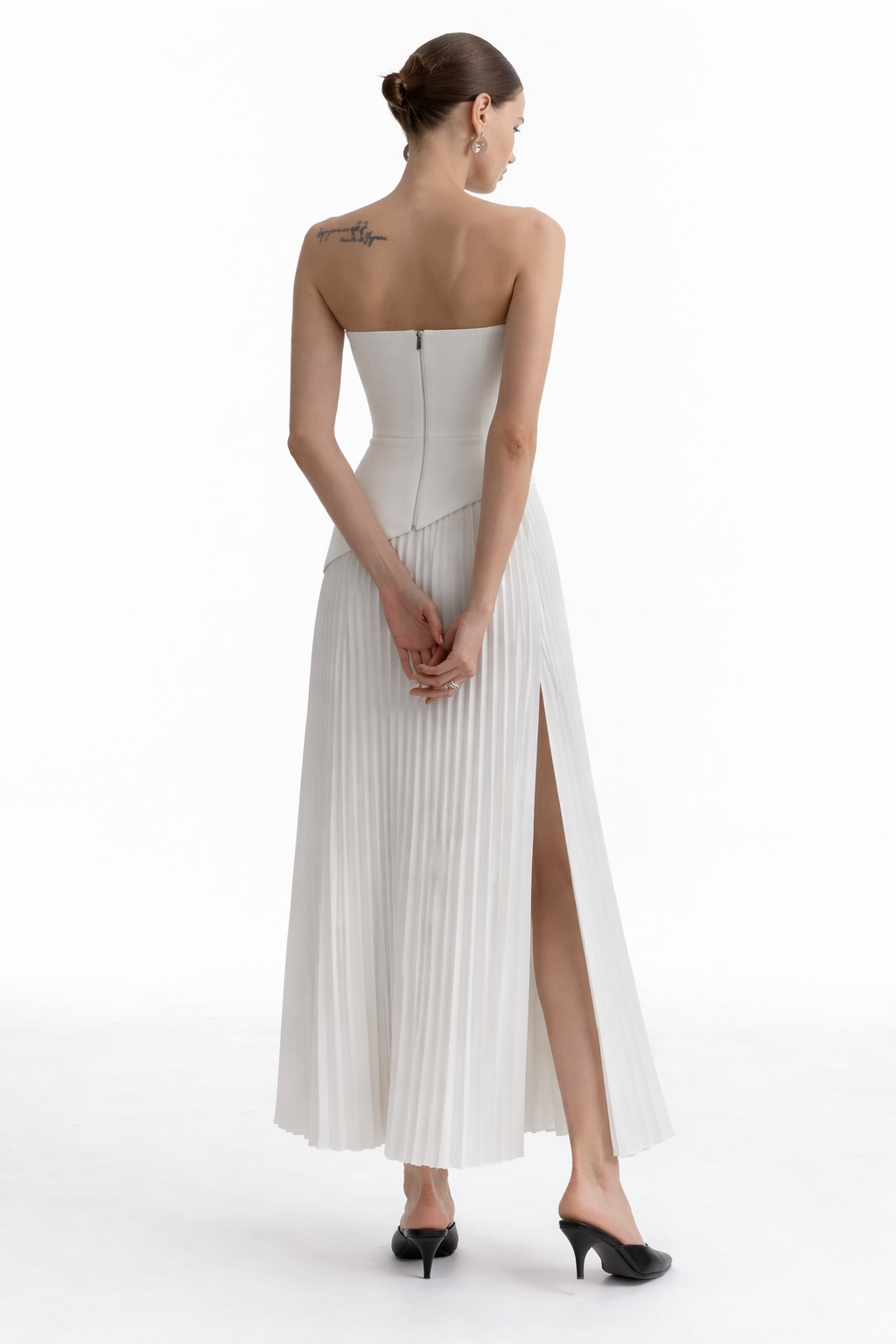 Jesolice Elegance Cascade Strapless Pleated Midi Dress