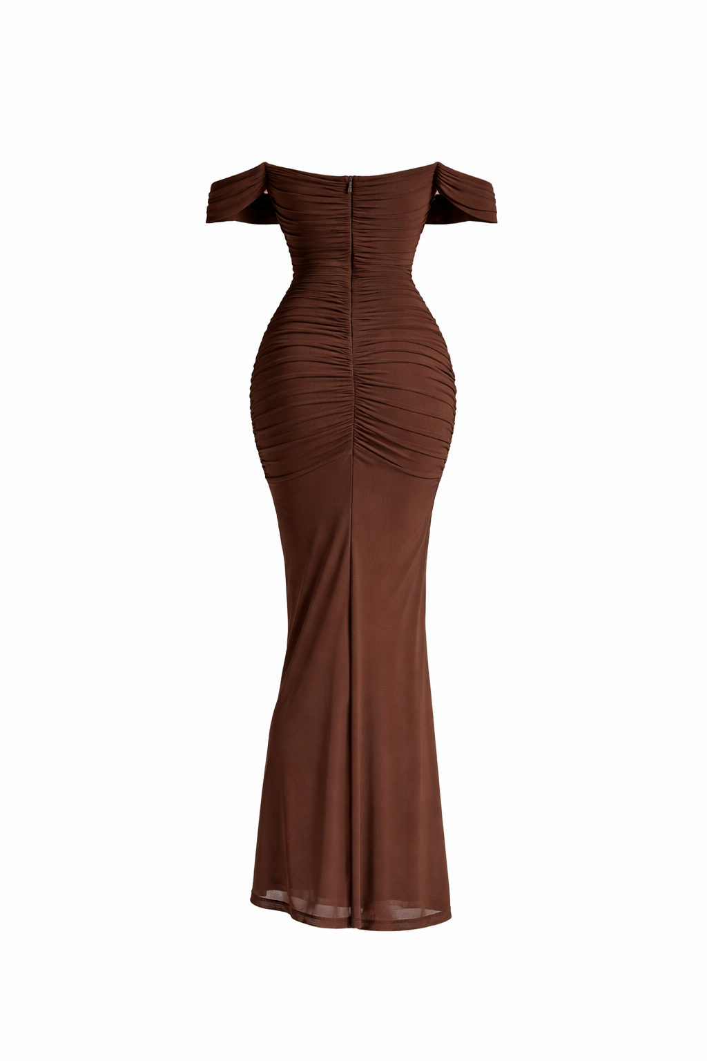 Jesolice Chocolate Off-Shoulder Ruched Bodycon Maxi Dress
