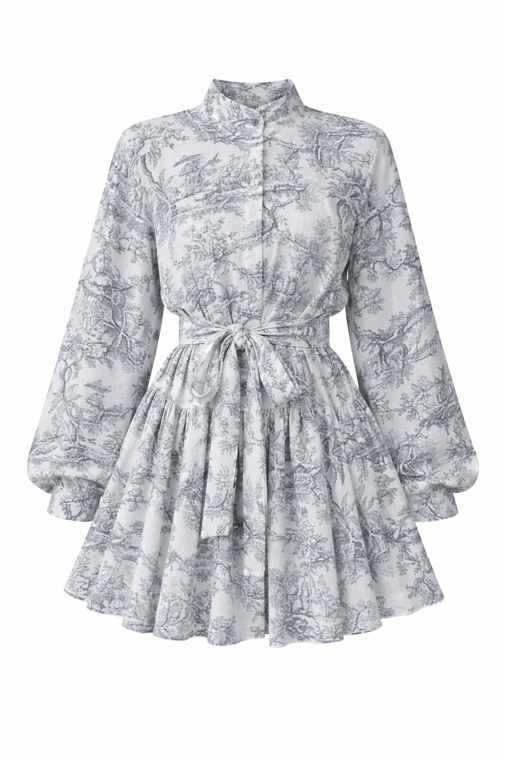 Jesolice Grey Toile Tie-Waist Lantern Sleeve Mini Dress
