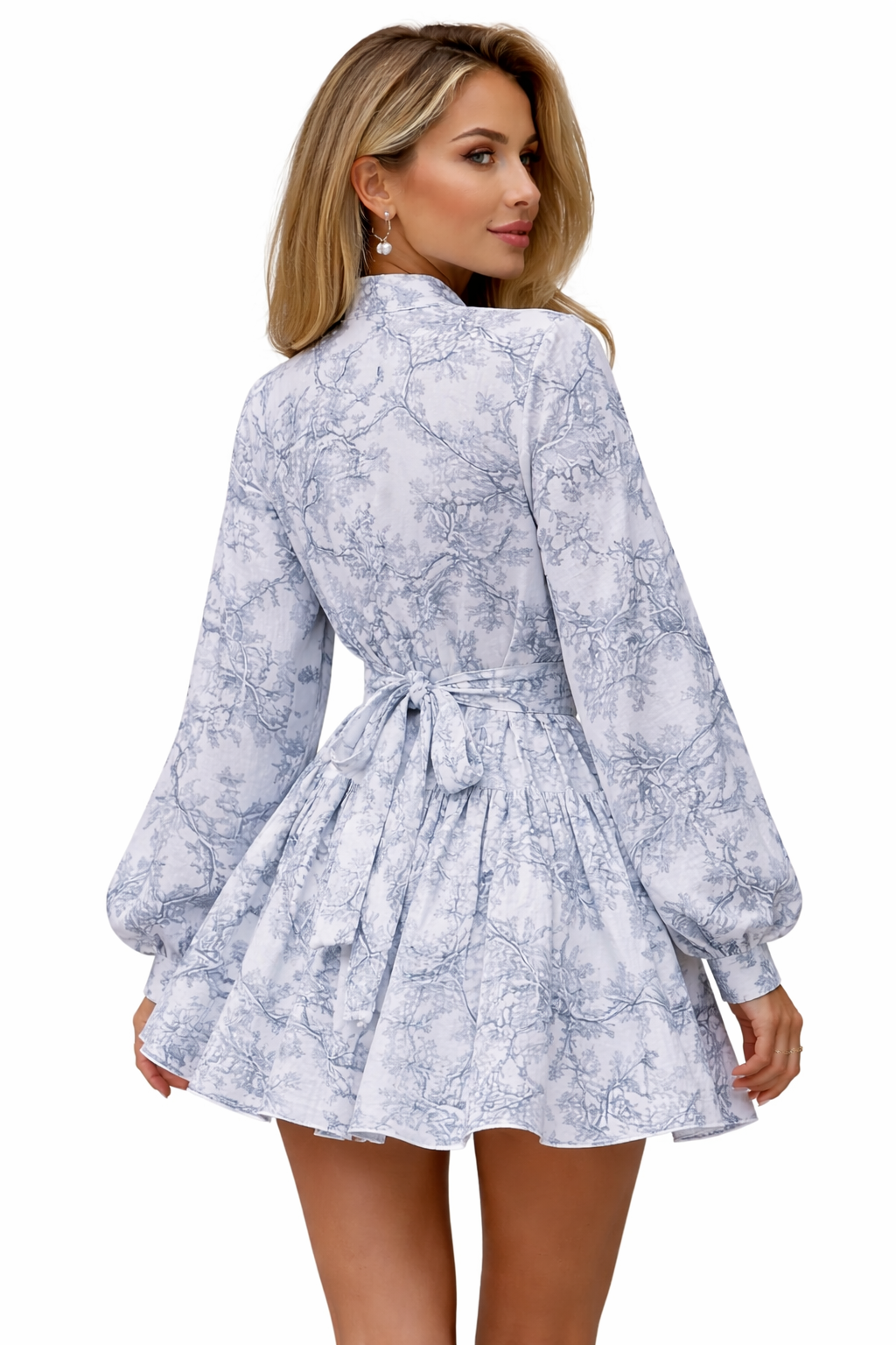 Jesolice Grey Toile Tie-Waist Lantern Sleeve Mini Dress