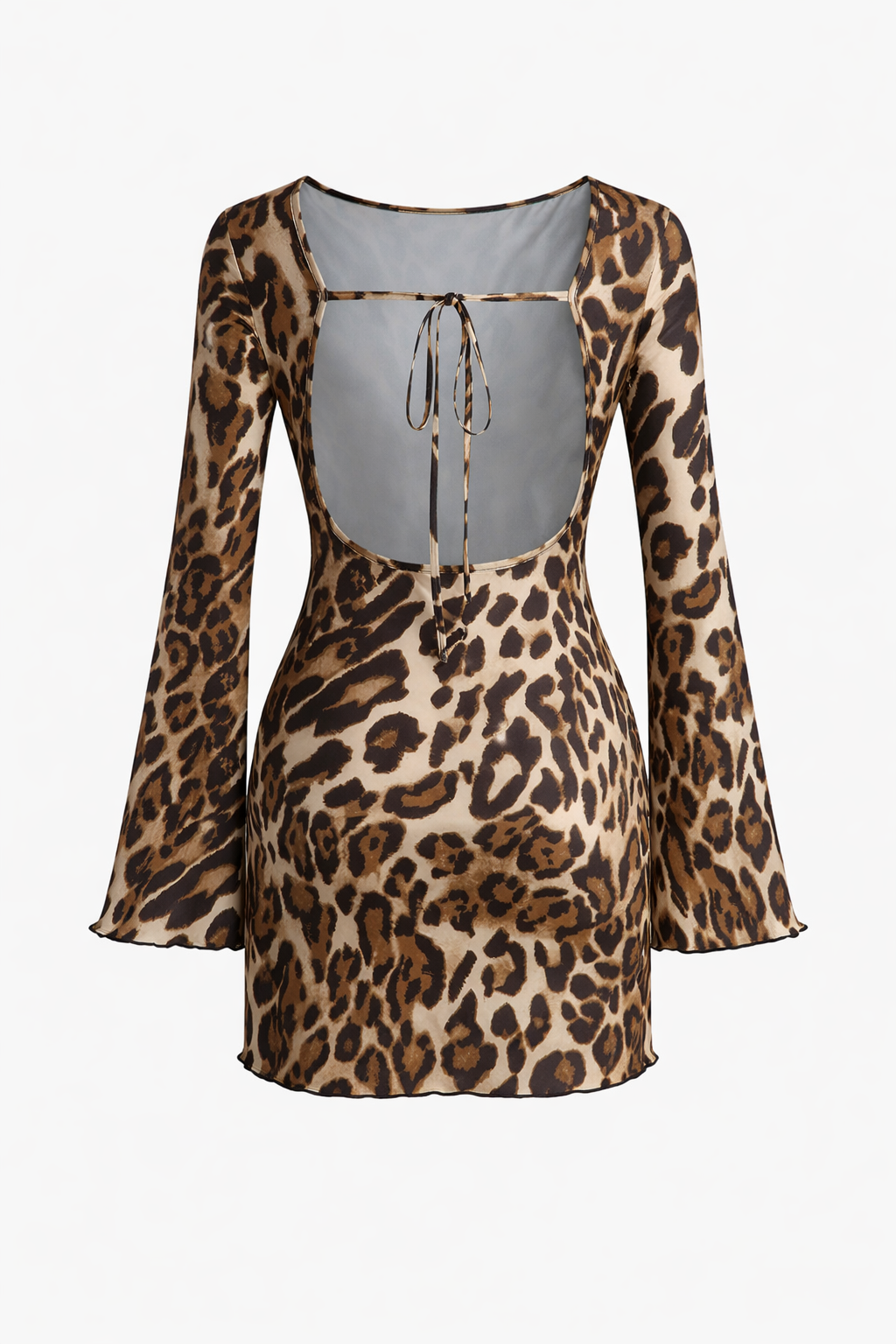 Jesolice Leopard Print Open-Back Bell Sleeve Mini Dress