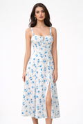 Ruched Bust Blue Floral Lace-Up Back Cami Midi Dress
