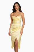 Lemon Satin Ruched Wrap Midi Dress