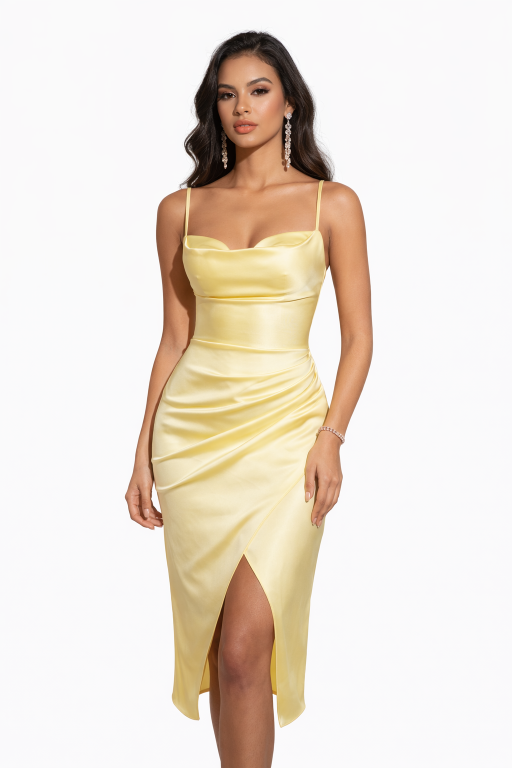 Lemon Satin Ruched Wrap Midi Dress