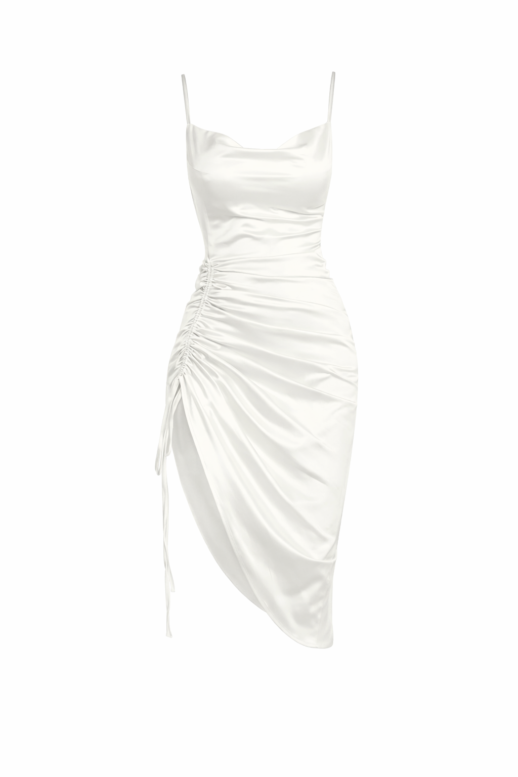 Luxe Ruched Satin Slip Midi Dress – Drawstring Side & Asymmetrical Hem