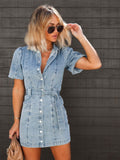 Trendy Denim Button-Up Mini Dress with Belt - Light Blue, Cotton