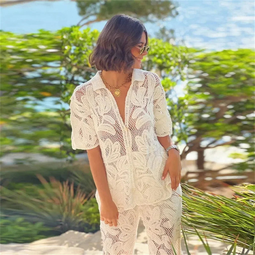 Elegant White Lace Two-Piece Set - Women's Summer Beachwear Outfit