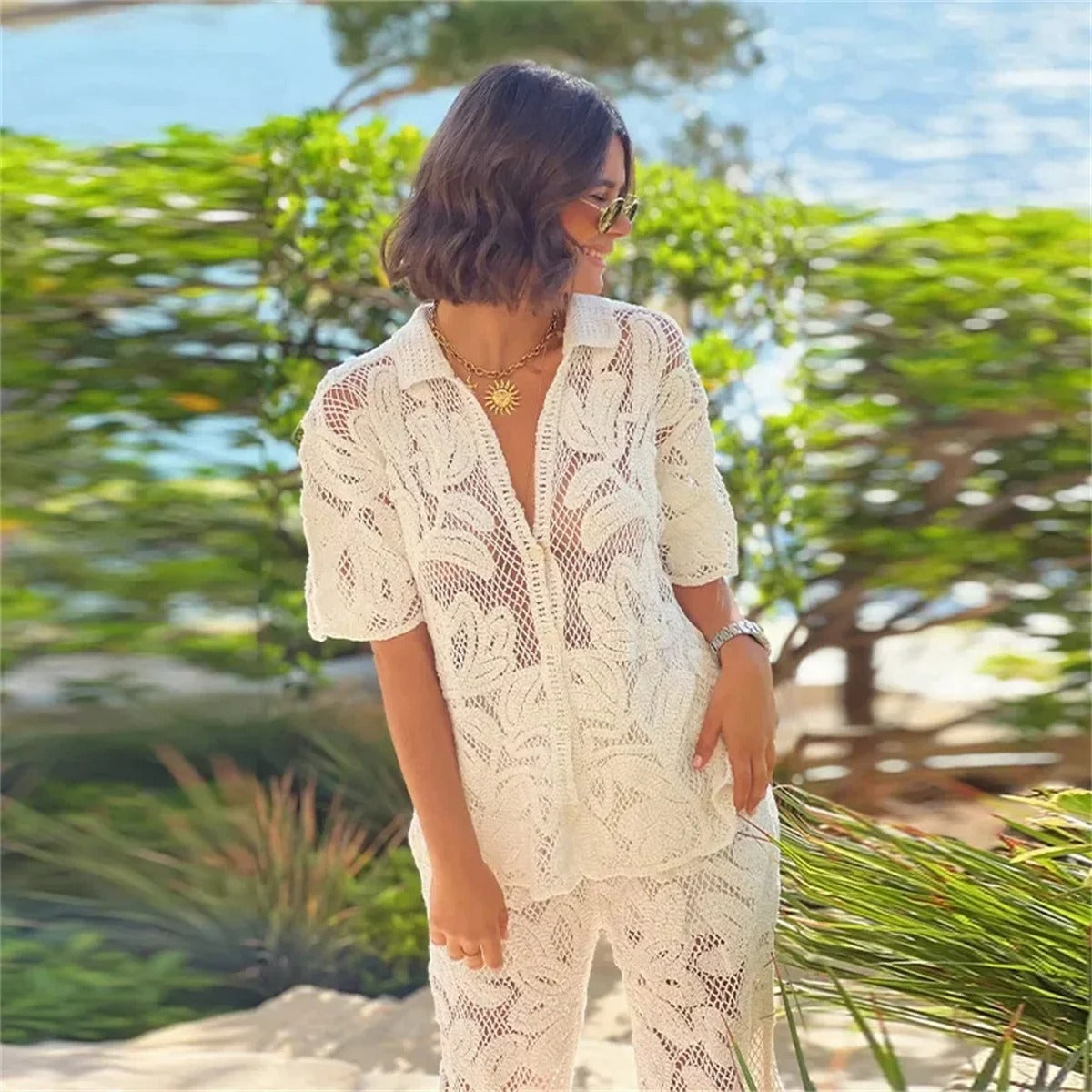 Elegant White Lace Two-Piece Set - Women's Summer Beachwear Outfit