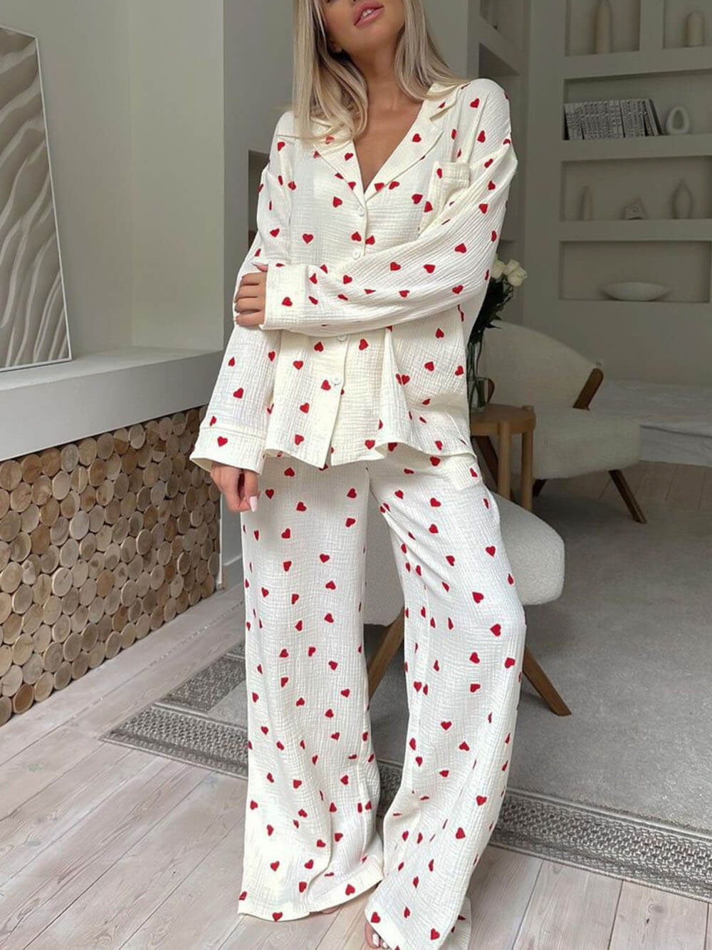 Cozy Heart Print Pajama Set - Women's Loungewear, Cotton, White with Red Hearts