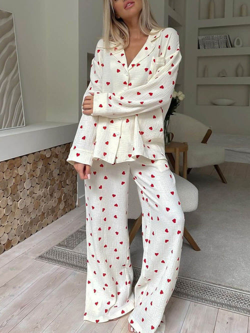 Cozy Heart Print Pajama Set - Women's Loungewear, Cotton, White with Red Hearts