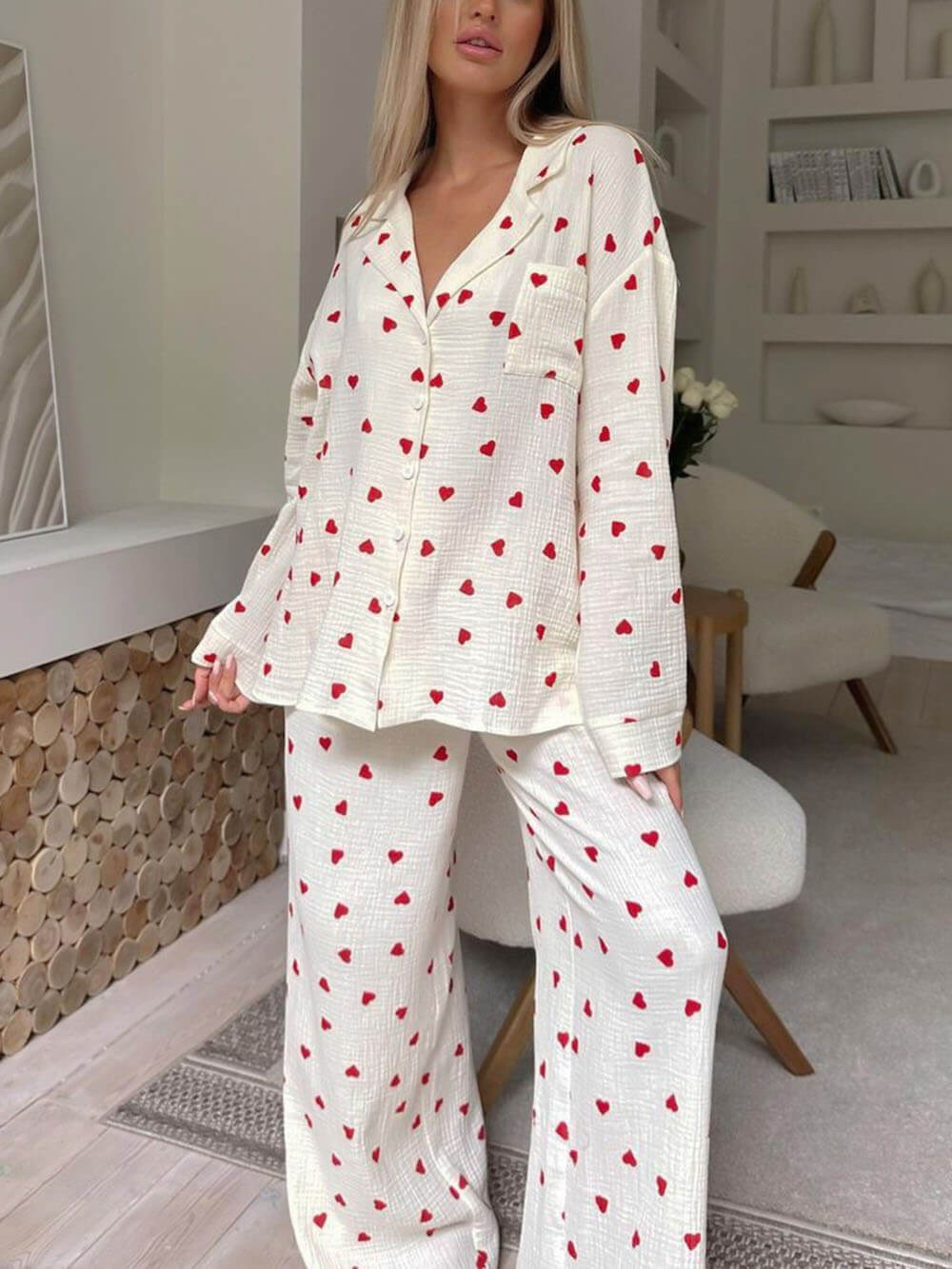 Cozy Heart Print Pajama Set - Women's Loungewear, Cotton, White with Red Hearts