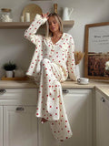 Cozy Heart Print Pajama Set - Women's Loungewear, Cotton, White with Red Hearts
