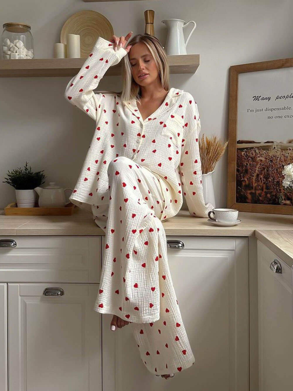 Cozy Heart Print Pajama Set - Women's Loungewear, Cotton, White with Red Hearts
