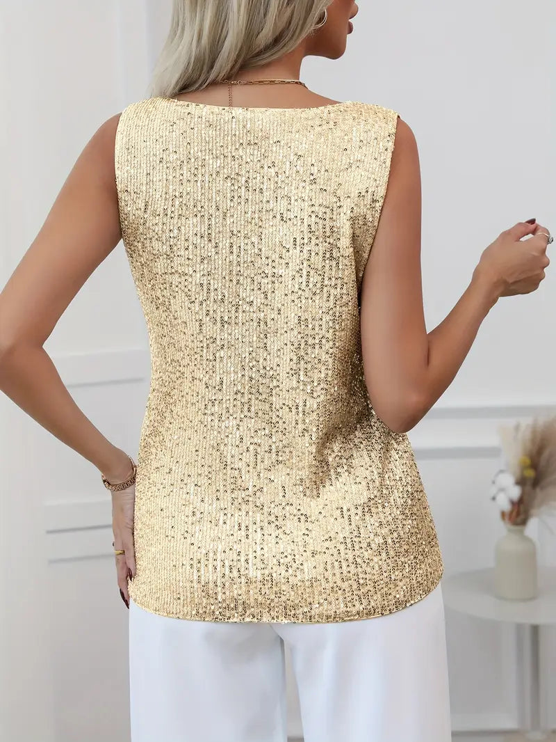 Elegant Sequin Sleeveless V-Neck Top for Women - Gold, Silver, Pink, Black