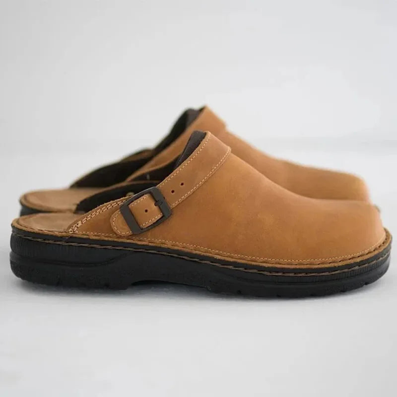 Men's Leather Clogs with Adjustable Strap - Brown, Black, Khaki - Comfortable Slip-On