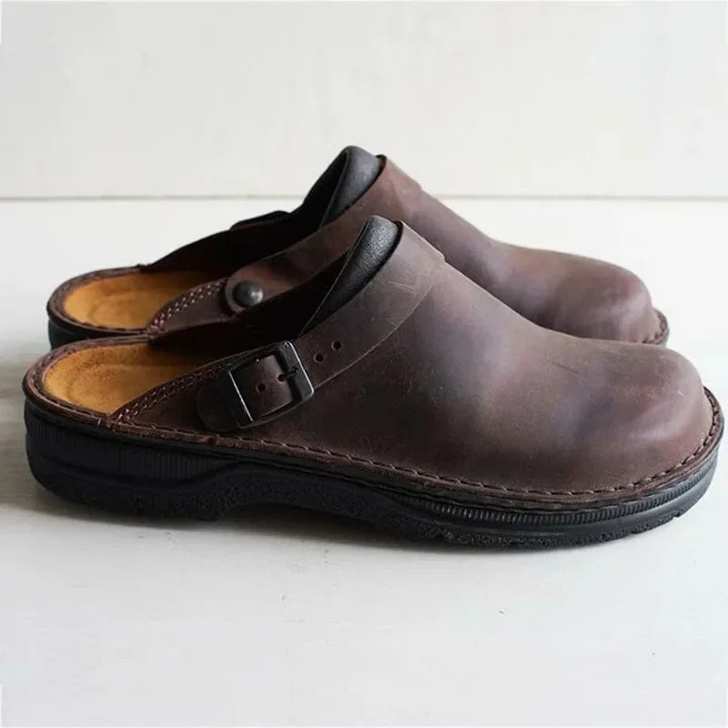 Men's Leather Clogs with Adjustable Strap - Brown, Black, Khaki - Comfortable Slip-On