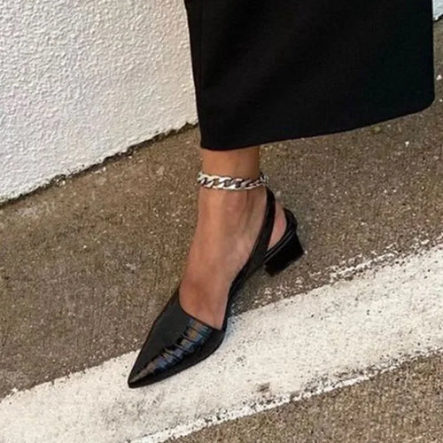 Elegant Croc-Embossed Slingback Block Heels - Black/Brown, Faux Leather, Women's Sizes