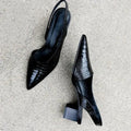 Elegant Croc-Embossed Slingback Block Heels - Black/Brown, Faux Leather, Women's Sizes